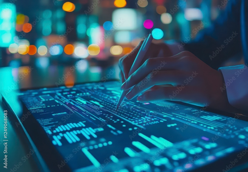 Poster closeup of hands using stylus on digital tablet displaying glowing data charts, blurred city lights 
