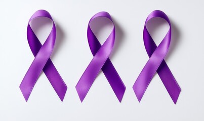 Three purple ribbons on white background, awareness campaign