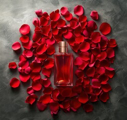 Elegant red rose petals forming a symmetrical pattern around the bottle of perfume, creating a luxurious 