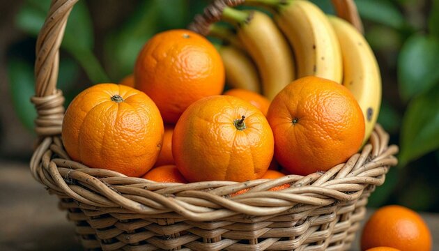 Wicker basket with oranges and bananas on wood