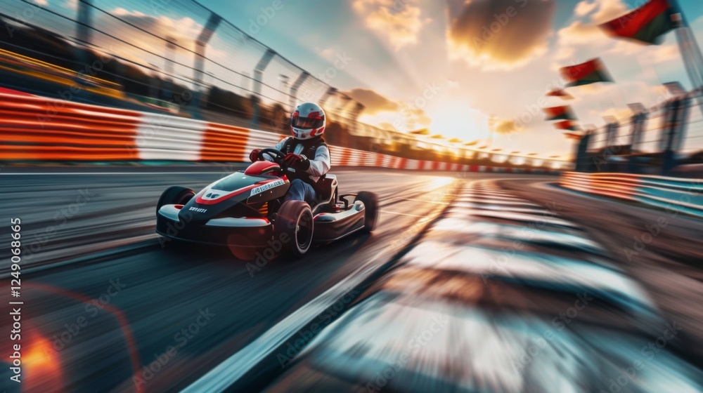 Poster Adventurous go kart racing takes place at a lively outdoor track during sunset, featuring colorful flags and a dynamic atmosphere with enthusiastic spectators.