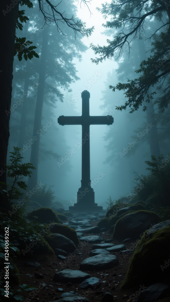 Poster an atmospheric night scene with a cross on a mossy rock at the end of a path through a forest.