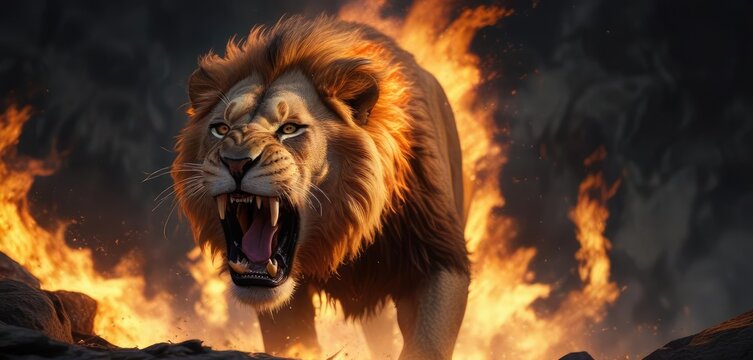 Flames erupt from the lion's mouth as it lets out a deafening roar, fierce, powerful