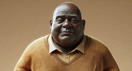 Obraz premium Elderly chubby black African man calm bald head light brown sweater beige background 3d illustration