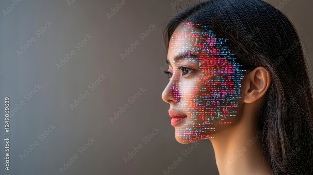 Poster profile view of a person with abstract digital patterns covering their face. soft lighting and muted