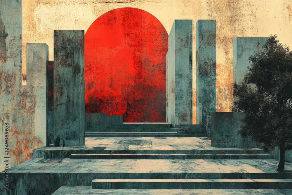 Poster abstract architecture with a striking red sun on a textured background, evoking a sense of serenity 