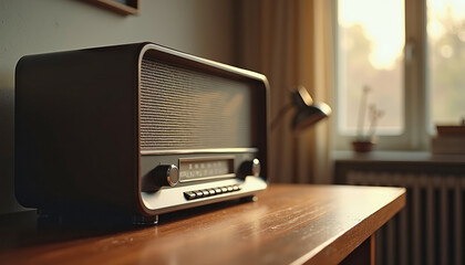 Shortwave radio receiver on wooden desk, nostalgic radio concept in a cozy vintage room