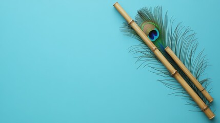 Bamboo sticks rest on a vibrant peacock feather