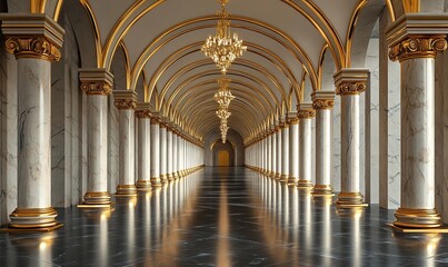 Grand Hallway: Marble Columns, Golden Accents, Archways, Elegant Design, Luxurious Architecture, Stunning Interior, Reflecting Floor, Crystal Chandeliers, Classic Style, Palace Corridor