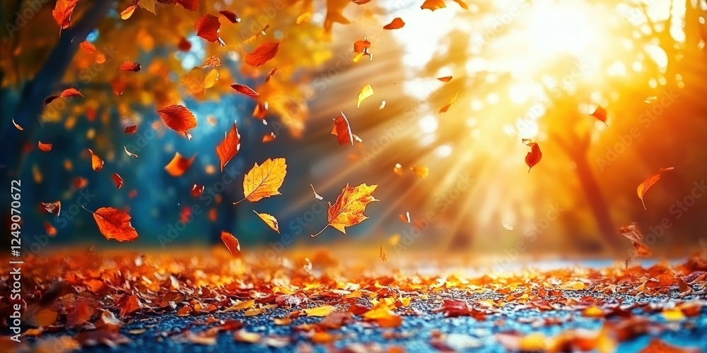 Poster beautiful autumn background with falling leaves illuminated by sunlight creating a warm and inviting