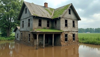 Fototapeta premium Abandoned Wooden House Flooded with Grass Roof