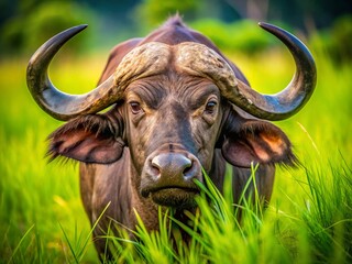 Fototapeta premium Kruger National Park African Buffalo Close-up Grazing Horizontal Stock Photo