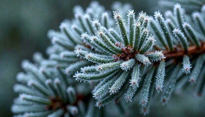 Frosty Pine Tree Branch Close-Up