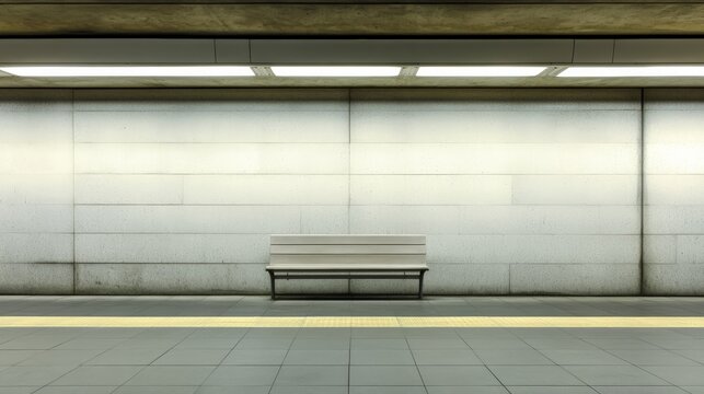 Empty bench sitting on a subway platform illuminated by bright lights, creating a stark and lonely atmosphere in an urban underground setting