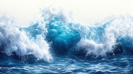 Ocean waves crashing, sea foam, white background, nature power