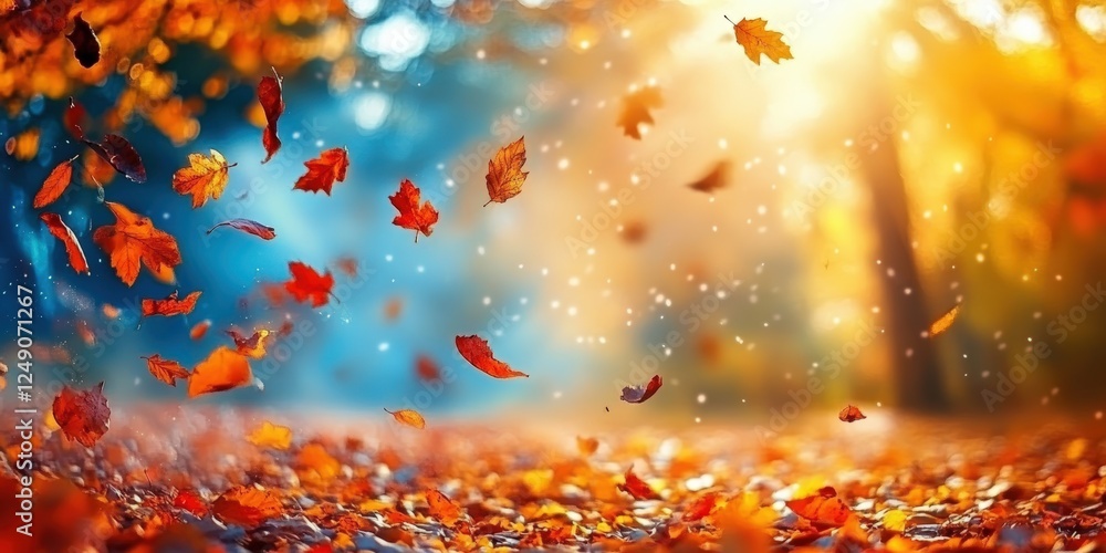 Poster vibrant autumn background with falling leaves and sunlight streaming through trees in a beautiful fo