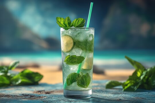 Refreshing mojito in a tall glass on a sunny beach with green mint leaves