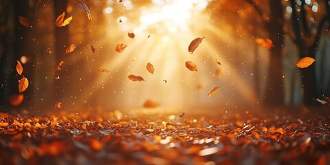 Naklejka premium Serene Autumn Background with Sunlight Filtering Through Falling Leaves Creating a Warm and Inviting Atmosphere in a Natural Setting