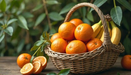 Wicker basket with oranges and bananas on wood