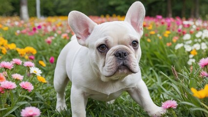 Fototapeta premium White french bulldog in flower field
