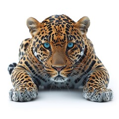 Fototapeta premium Leopard stands out elegantly against a pure white background, showcasing its unique spots