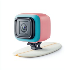 Colorful action camera on surfboard for adventure and sports enthusiasts