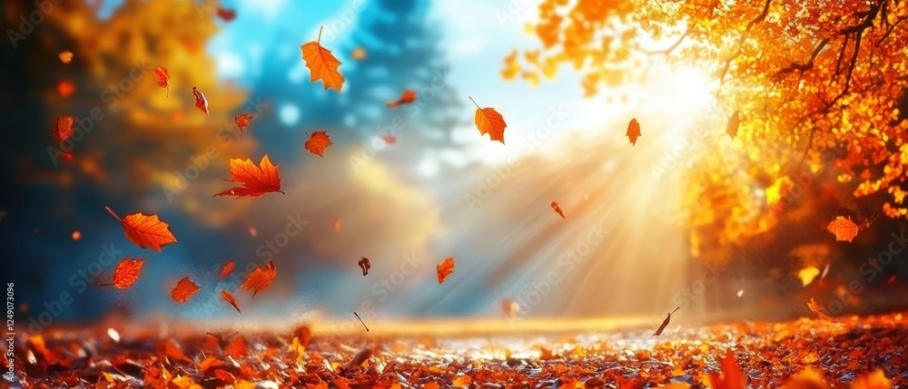Poster vibrant autumn scene with falling leaves and soft sunlight filtering through trees in a beautiful na