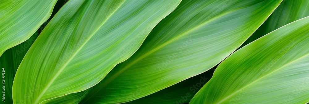 Poster Close up view of vibrant green leaves overlapping, creating a lush and natural background perfect for enhancing nature themed projects with rich textures and colors