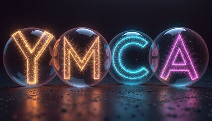 Glowing YMCA Text with Colorful Spheres on Dark Background