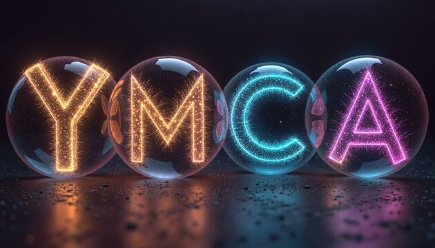 Glowing YMCA Text with Colorful Spheres on Dark Background