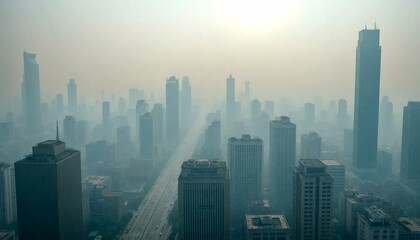 Obraz premium City skyline shrouded in smog with tall buildings
