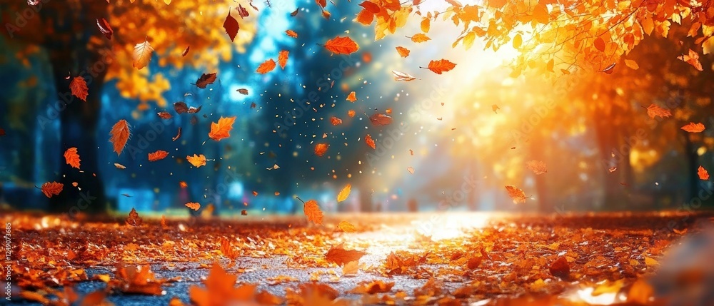 Poster autumn background with falling leaves and sunlight streaming through trees in a serene forest pathwa