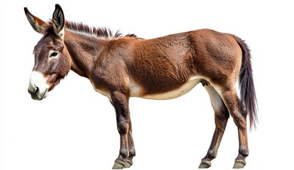Obraz premium Side view of a brown donkey against a plain white background, showing its body and head. Animal features clearly visible