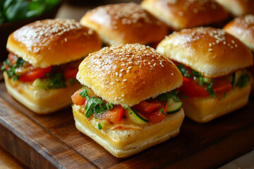 Vegetable bruschetta sliders with tomato and zucchini on wooden board.