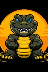 Cartoon reptile, dark gray, pixelated style, menacing expression, yellow sun background, threatening posture, graphic design, digital illustration