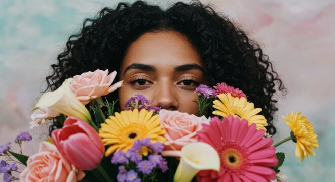 Woman's face covered obstructed and surrounded by Beautiful Floral Flowers, expressive plant decoration concept