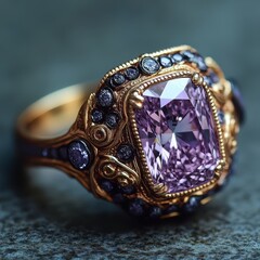 Naklejka premium Elegant vintage ring with purple gemstone and intricate details