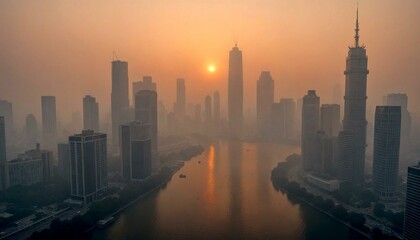 City skyline with river at sunset