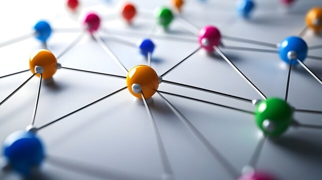 A network of multicolored spheres connected by thin black rods, symbolizing connectivity, communication, and relationships in a complex system.