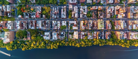 Aerial view of city block with buildings, streets, and trees near water.