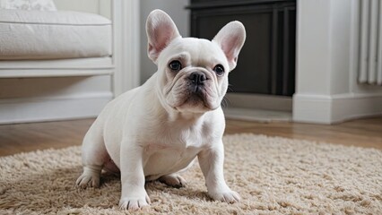 White french bulldog in the living room