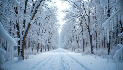Fototapeta premium Snowy Path with Ice-Covered Trees and Clear Sky