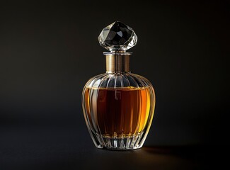 Minimalist photography of an elegant glass perfume bottle with golden accents, centered on a dark background, with space for text.