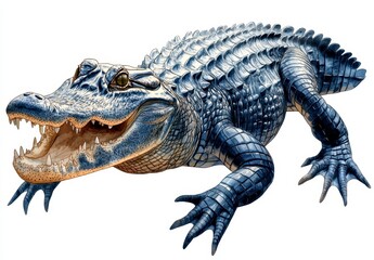 Fototapeta premium Full view of a large reptile with an open mouth, depicted in a light blue color, against a plain white background, with a clear and detailed view of