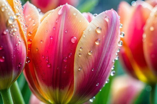 Pink and yellow tulip with dew drops close-up flower wallpaper concept