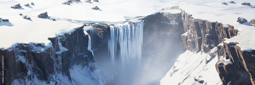 Poster frozen waterfall cascading down a steep, snow covered cliff into a misty canyon, creating a breathta