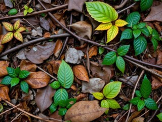 Naklejka premium Forest Floor with Exotic Leaves and Twigs, leaf litter, twigs