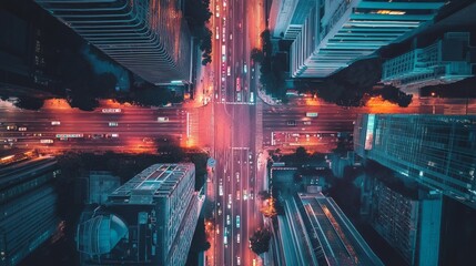 Aerial view of city intersection at night, vibrant colors, traffic, buildings.
