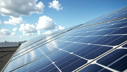Obraz premium Solar Panels Under Bright Blue Sky with Clouds