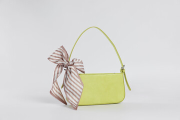 Elegant women baguette handbag with bow on white background